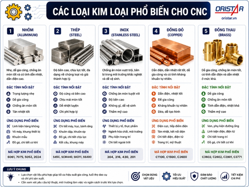 C&aacute;c loại kim loại phổ biến cho CNC