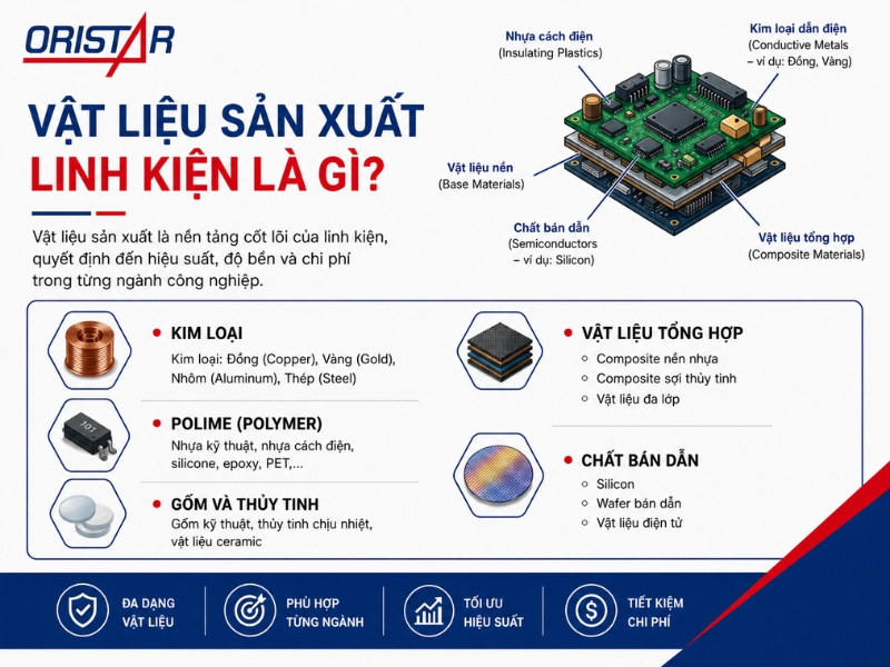 Vật liệu sản xuất linh kiện l&agrave; c&aacute;c loại vật liệu được sử dụng để chế tạo c&aacute;c chi tiết, bộ phận trong sản phẩm c&ocirc;ng nghiệp